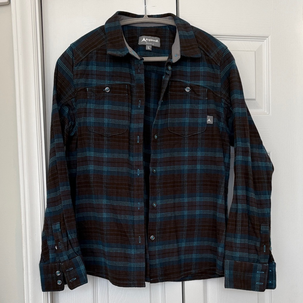 Aspinwall SZ L Plaid Button-Up Shirt in Brown & Teal/Blue